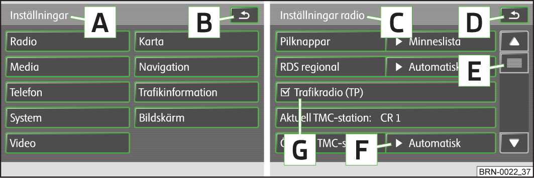 10 11 12 13 14 och - Knappar för förflyttning framåt och bakåt RADIO-funktion - för val av station ur stationslistan. MEDIA-funktion - för val av föregående resp. nästa titel.