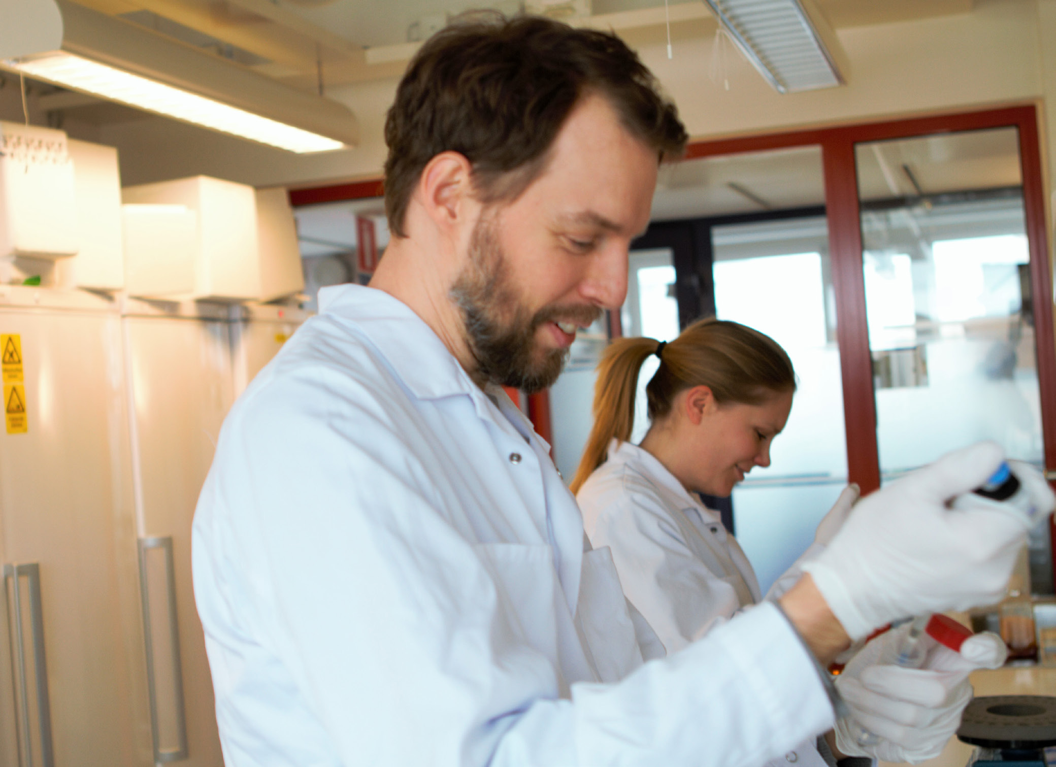 Medarbetare vid Immunovias laboratorium i Lund diagnostiserar pankreascancer med hjälp av en droppe blod på en microarray.