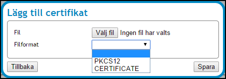 1. Välj identitet till vilken certifikatet ska läggas till under tabellen Identiteter. 2. Klicka på knappen Lägg till certifikat. Vyn Vy 101: Lägg till certifikat visas.