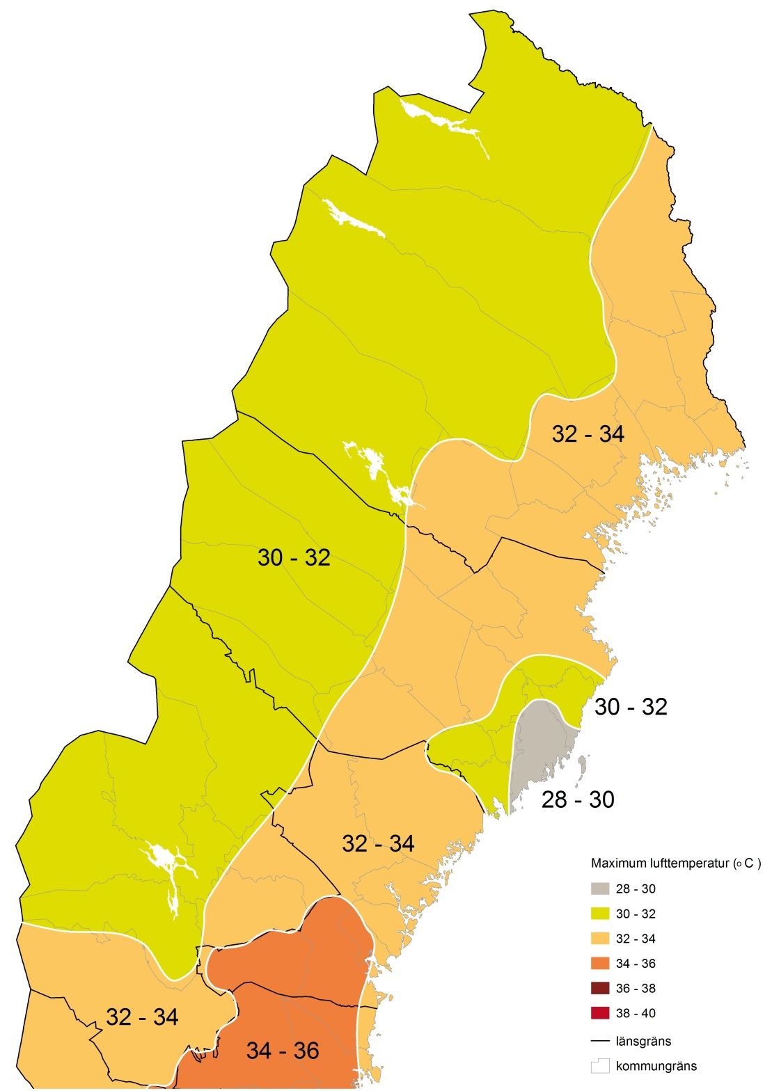 Figur C-7 Maximal lufttemperatur under en timme som med sannolikheten 0,98 inte överskrids en gång