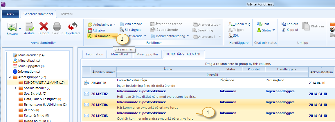 Sida 48/81 15 Slå samman ärenden I Artvise Kundtjänst kan man slå samman ärenden.