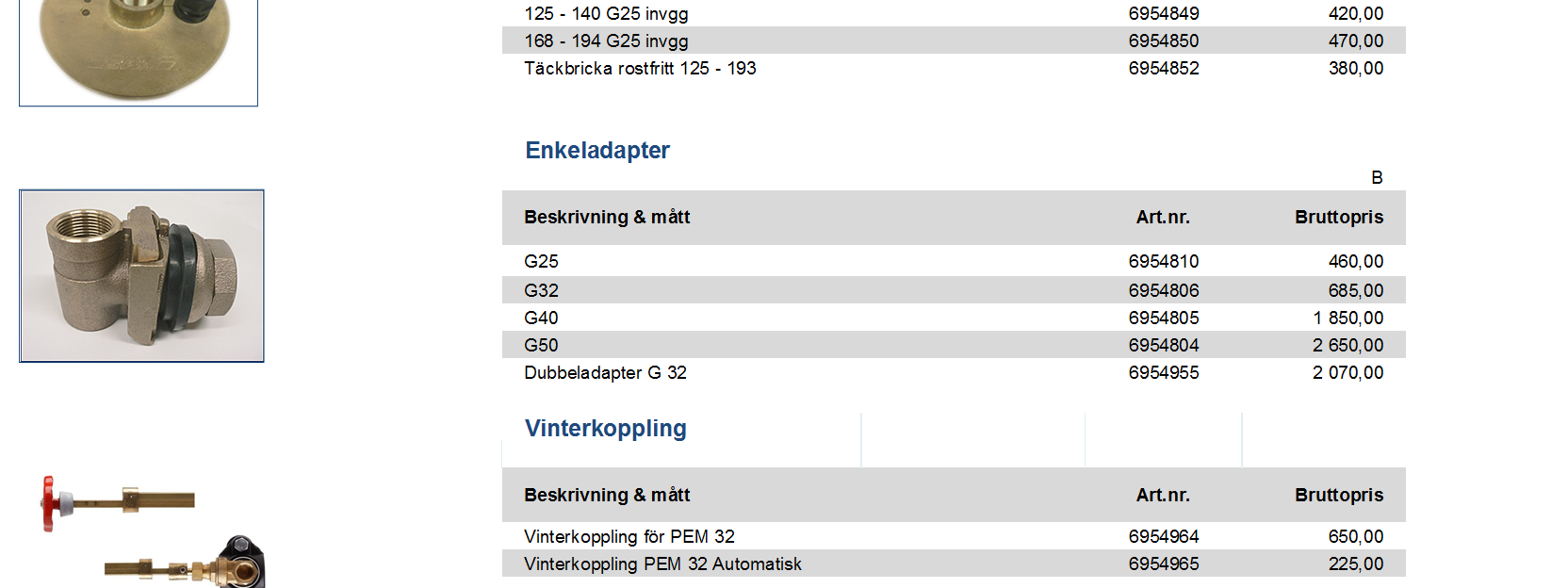 240,00 G25 x 1000 rak in/ut gänga 1472509 250,00 G25 x 1000 rak / vinkel inv gänga