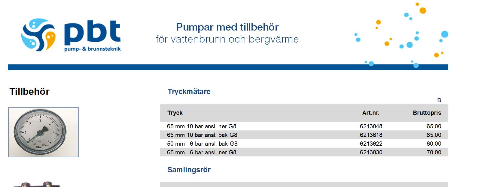 Tryck (bar) 6 G15 6105184 140,00 9 G15 6105186 140,00 10 G15 6105187 140,00 1,5 G20 6105295