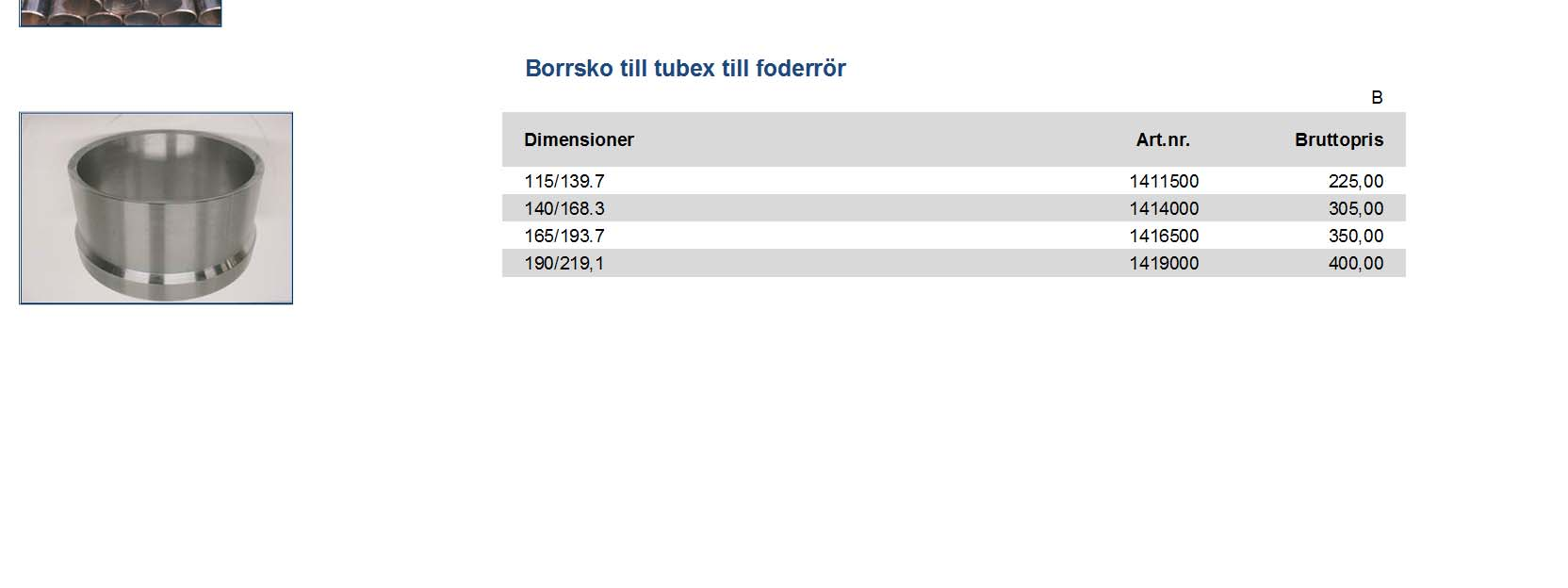 S355 J2H 1411963 offereras orrsko till tubex till foderrör Dimensioner