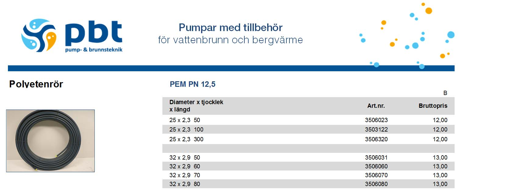 Polyetenrör PEM PN 12,5 Diameter x tjocklek x längd 25 x 2,3 50 3506023 12,00 25 x 2,3 100 3503122 12,00 25 x 2,3 300 3506320 12,00 32 x 2,9 50 3506031 13,00 32 x 2,9 60 3506060 13,00 32 x 2,9 70