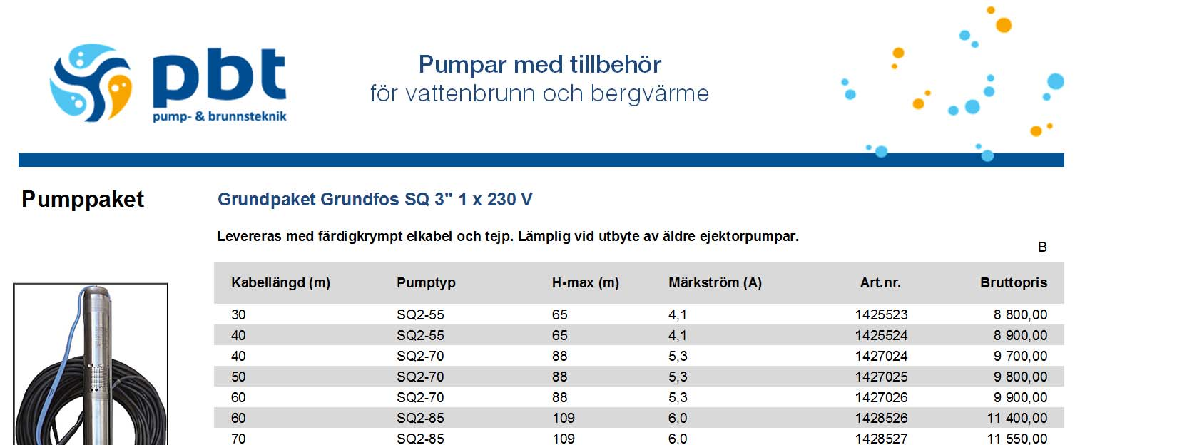 Pumppaket Grundpaket Grundfos SQ 3" 1 x 230 V Levereras med färdigkrympt elkabel och tejp. Lämplig vid utbyte av äldre ejektorpumpar.