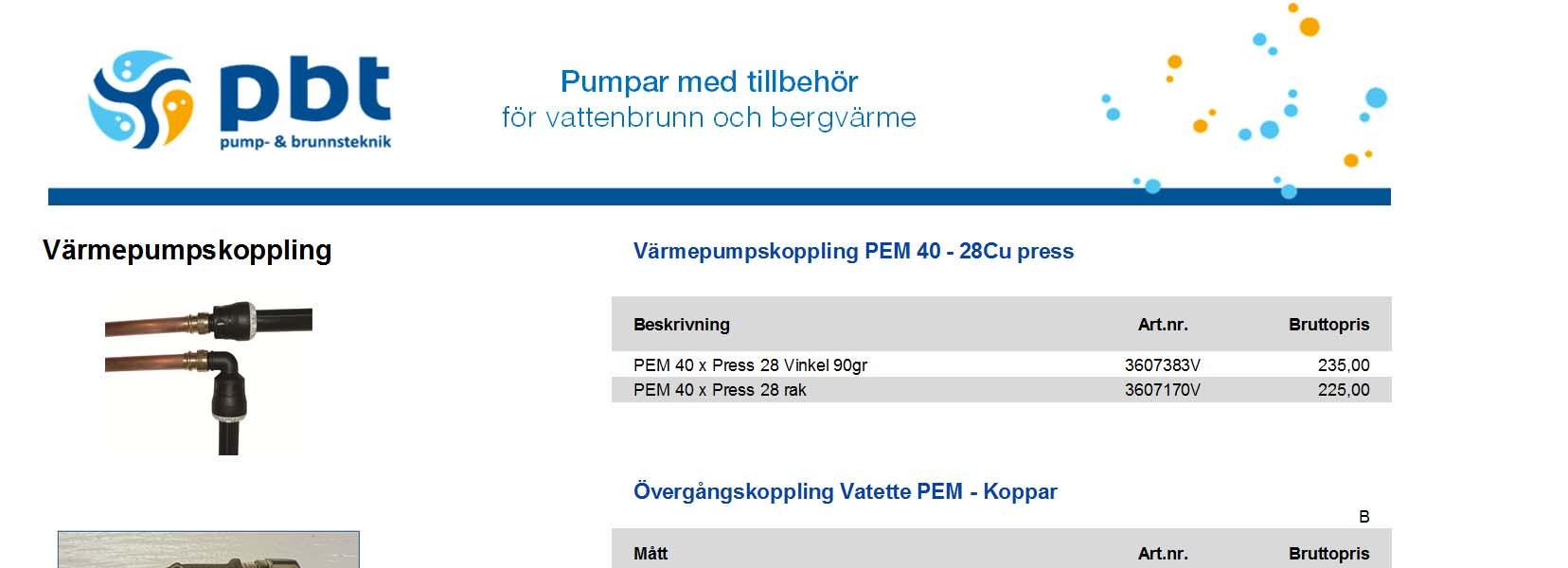 225,00 Övergångskoppling Vatette PEM - Koppar Mått 40 x 28 rak 3536613