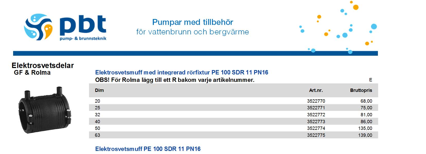 Elektrosvetsdelar GF & Rolma Elektrosvetsmuff med integrerad rörfixtur PE 100 SDR 11 PN16 OS! För Rolma lägg till ett R bakom varje artikelnummer.