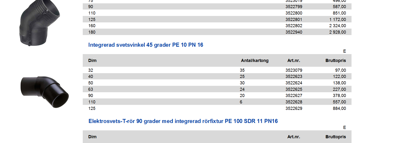 Elektrosvetsdelar Elektrosvetsvinkel 45 grader med integrerad rörfixtur PE 100 SDR 11 PN16 GF & Rolma OS! För Rolma lägg till ett R bakom varje artikelnummer.