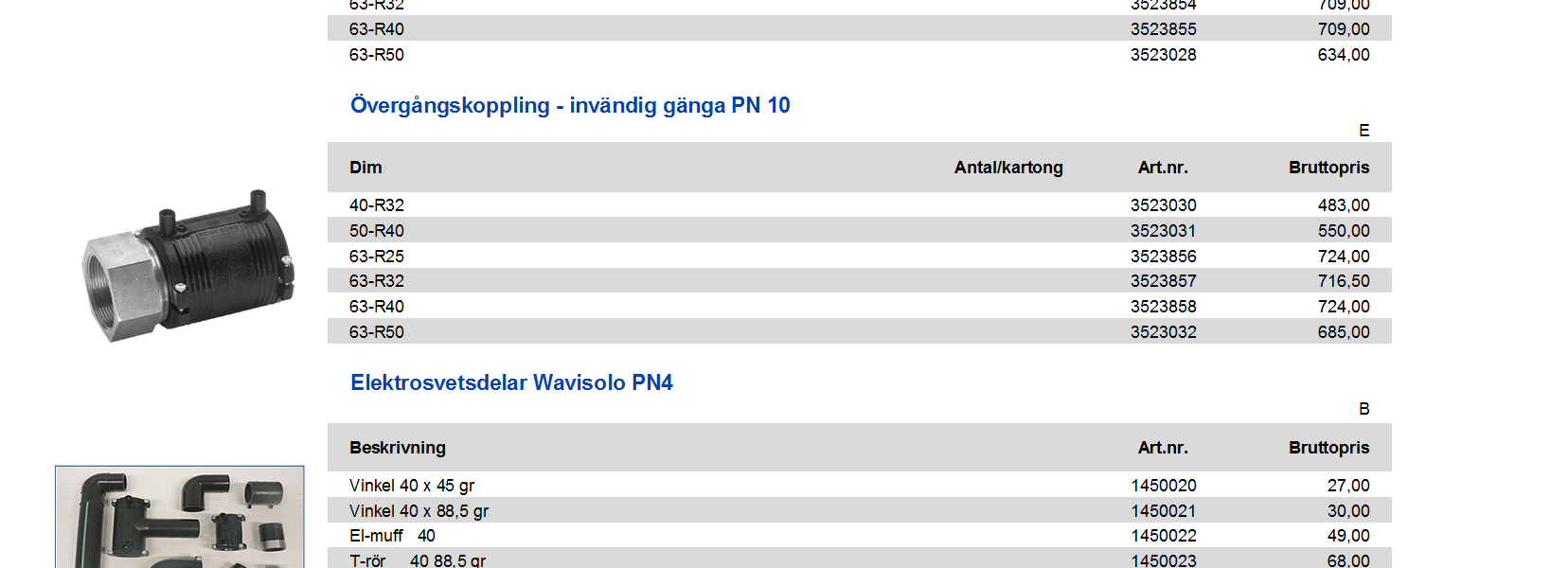 63-R32 3523854 709,00 63-R40 3523855 709,00 63-R50 3523028 634,00 Övergångskoppling - invändig gänga PN 10 E Dim Antal/kartong 40-R32 3523030 483,00 50-R40 3523031 550,00 63-R25 3523856 724,00 63-R32