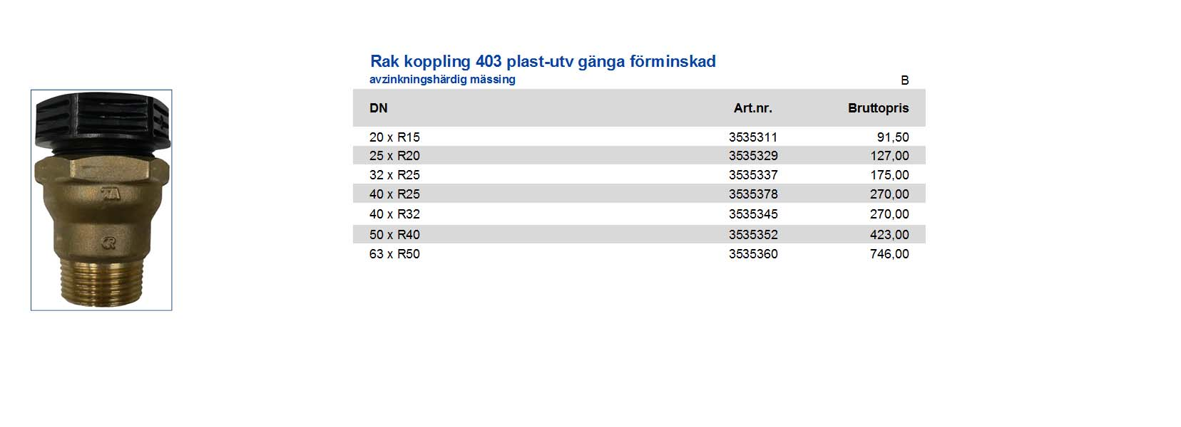 koppling 403 plast-utv gänga förminskad avzinkningshärdig mässing 20 x R15 3535311 91,50 25 x R20 3535329 127,00