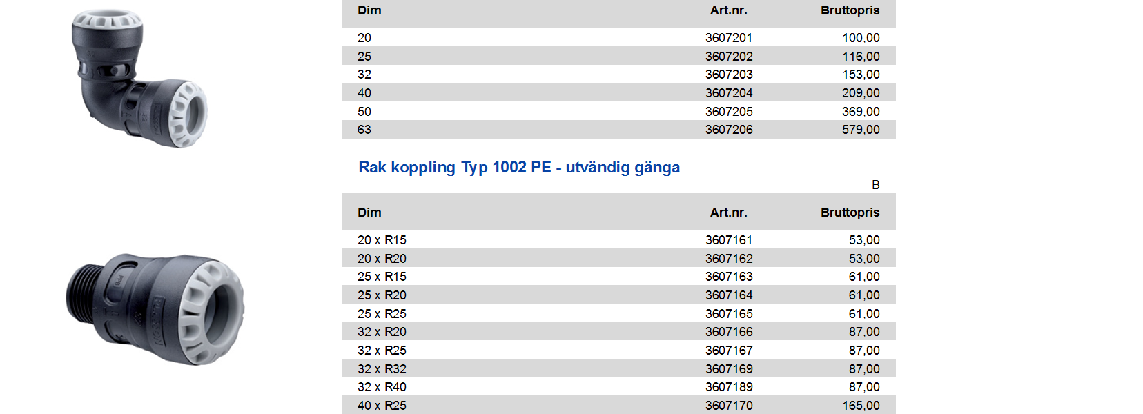 FALSKT Plasson Nr 1 Rak koppling Typ 1001 PE - PE - rörkopplingar Dim 20 3607152 87,00 25 3607153 100,00 32 3607154 139,00 40 3607155 191,00 50 3607156 326,00 63 3607157 528,00 Vinkel 90 Typ 1005