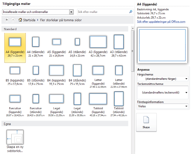 2 Klicka på Tomt A4 (stående) eller Tomt A4 (liggande) (Blank A4 (Portrait/Landscape)) beroende på vilken sidorientering du vill ha.