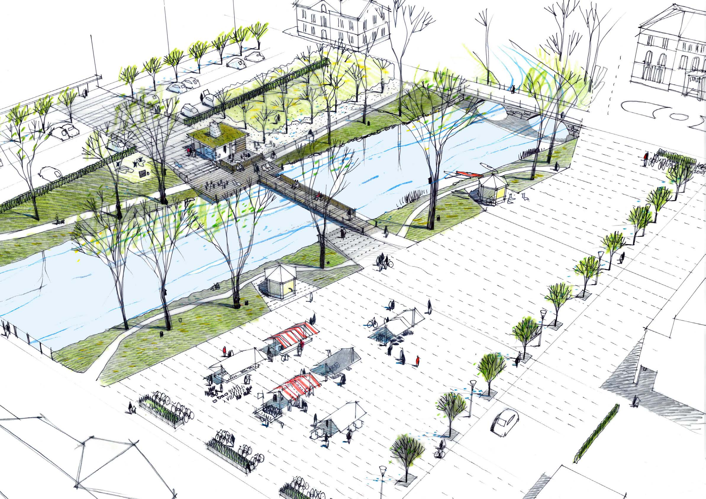 HÄCK PARKERING NORRA TORGET LEK PROMENADSTRÅK TORGYTA ÄNDA UT MOT FASAD SCHACK NY TRÄDRAD CAFÉ PARKEN CYKELPARKERING PARKERING WC BLOMSTERPRAKT HÄCK UTESERVERING BRO