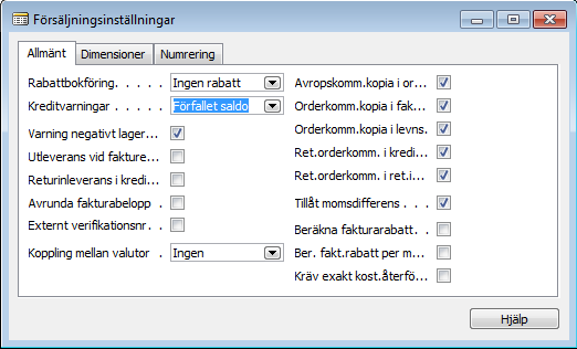 Förfallet saldo I försäljningsinställningen kan du välja att det ska kontrolleras för förfallna belopp vid orderupprättning