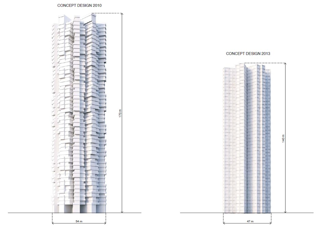 Bild. Elevation och jämförelse mellan samrådsförslaget och inriktning för utställningsförslaget Herzog & de Meuron Bild.