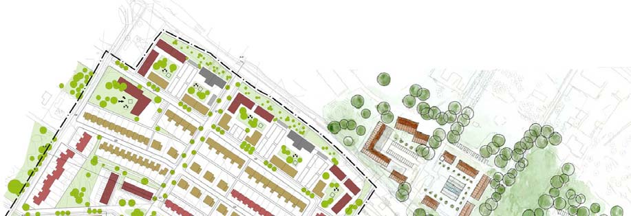 5 PLANFÖRSLAGET Illustration över den planerade bebyggelsen till vänster, som här visas tillsammans med planerad bebyggelse vid Valhall Park.
