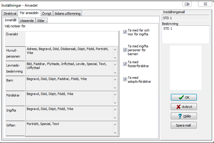 Inställningar för ansedel - Innehåll Här anges notiser för de olika rubrikerna.