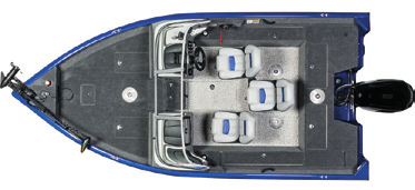 Sidopulpet, frontmonterad Minn Kota elmotor och Lowrance-ekolod, fisksump med autocirkulation, toppmatat spöfack, Versatracks smarta monteringssystem, tre vadderade stolar och det toppmatade