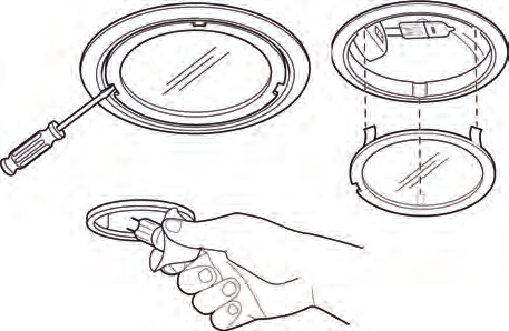 Replacing the lamps - To change the halogen lamps open the cover levering from the proper slots. Replace it with a lamp of the same type.