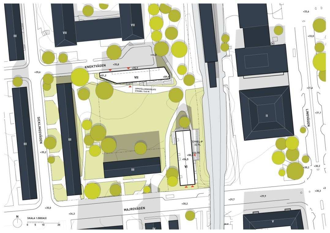 Sida 8 (21) Planförslag Förslaget innebär ändrad användning av befintlig fastighet från park till studentbostäder. De två byggnaderna omfattar tillsammans cirka 84 lägenheter.