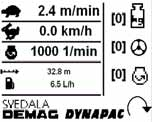 Huvudmeny 00 Visning och funktionsmeny - Hastighet utläggning (1) - Hastighet utläggning (2) - Motorns varvtal (3) - Vägsträckamätare (4) - Bränsleförbrukning (5) - Inställningsmöjlighet Skridstopp