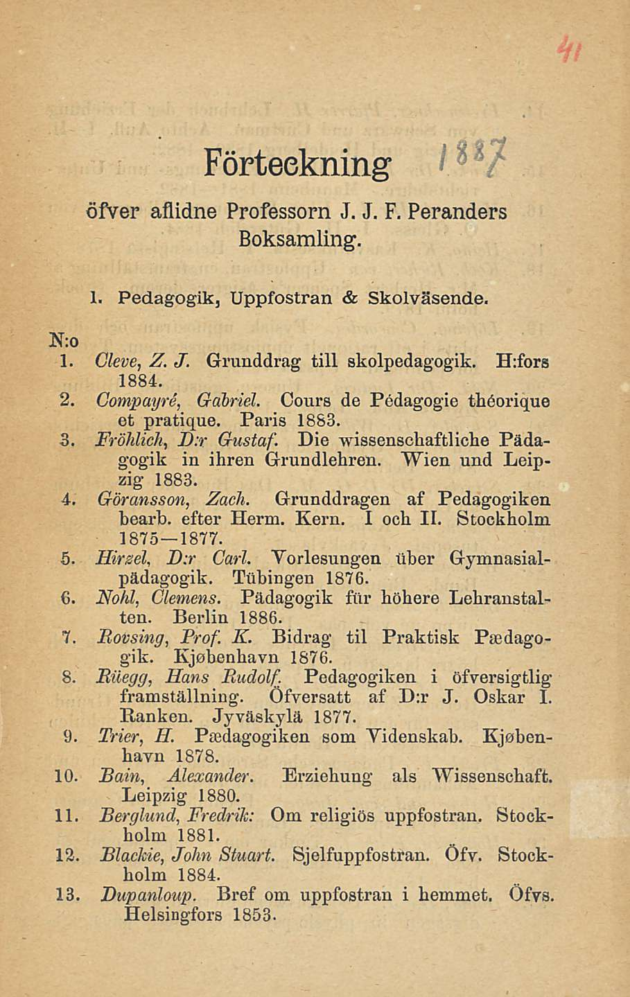 Förteekning öfver aflidne Professori! J. J. F. Peranders Boksamling. 1. Pedagogik, Uppfostran & Skolväsende, N:o 1. Cleve, Z. J. Grunddrag tili skolpedagogik. H:fors 1884. 2. Compayre, Gabriel.