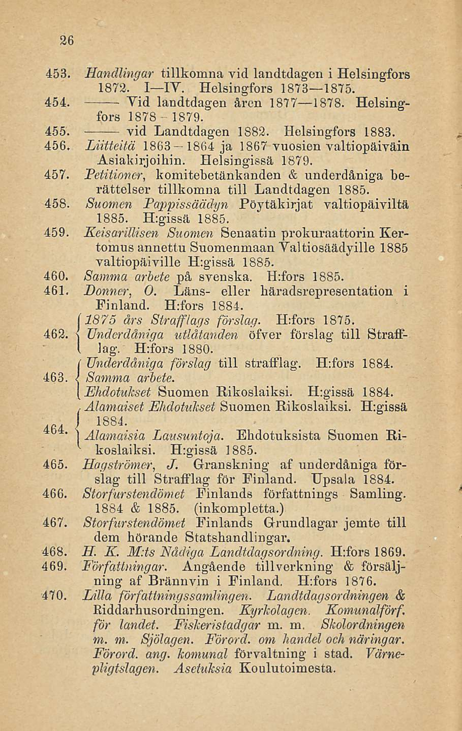 , Alamaiset 26 453. Handlingar tillkomna vid landtdagen i Helsingfors 1872. I IV. Helsingfors 1873 1875. 454. Yid landtdagen åren 1877 1878. Helsingfors 1878 1879. 455. vid Landtdagen 1882.