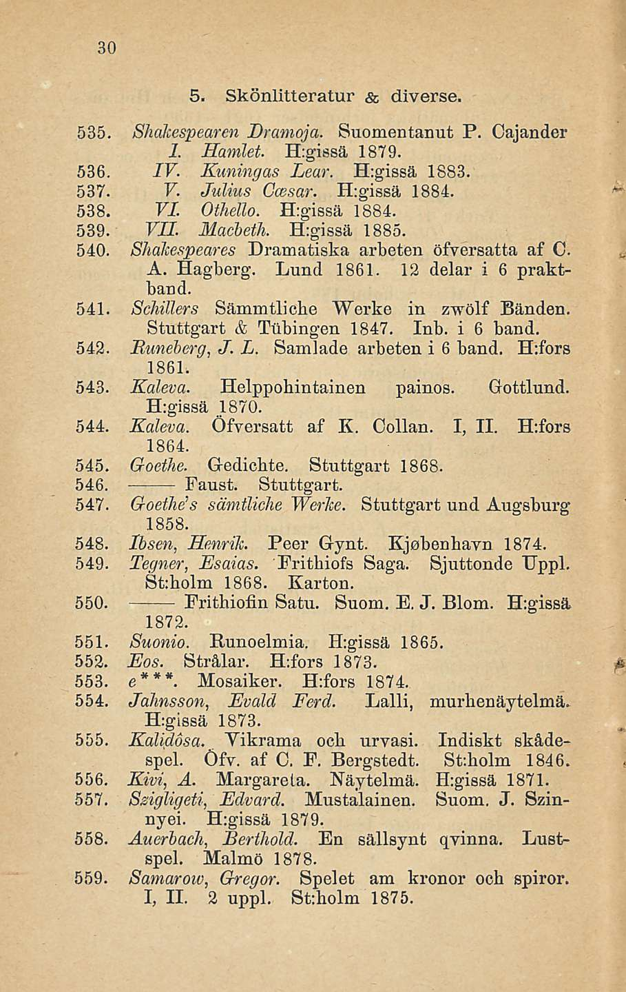 30 5. Skönlitteratur & diverse. 535. Shakespearen Dramoja. Suomentanut P. Cajander 1. Hamlet. H:gissä 1879. 536. IV. Kuningas Lear. H:gissä 1883. 537. V. Julius Gcesar. H:gissä 1884. 538. VI. Othello.