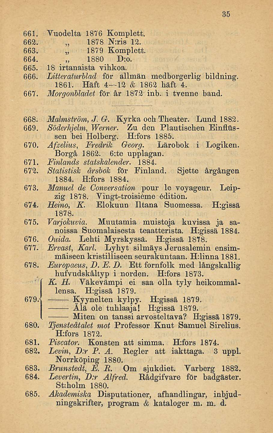 661. Vuodelta 1876 Komplett. 662. 1878 N:ris 12. 663. 1879 Komplett. 664. 1880 D:o. 665. 18 irtanaista vihkoa. 666. Litteraturhlad för allmän medborgerlig bildning. 1861. Häft 4 12 & 1862 häft 4. 667.