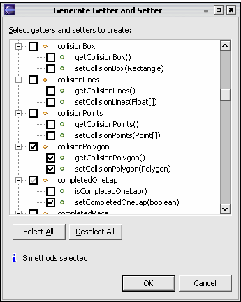 Generera get()/set()-funktioner Oftast behövs en hel drös med get/set-funktioner, som t ex getx() och setx(int x). Source - > Generate getter and setter.