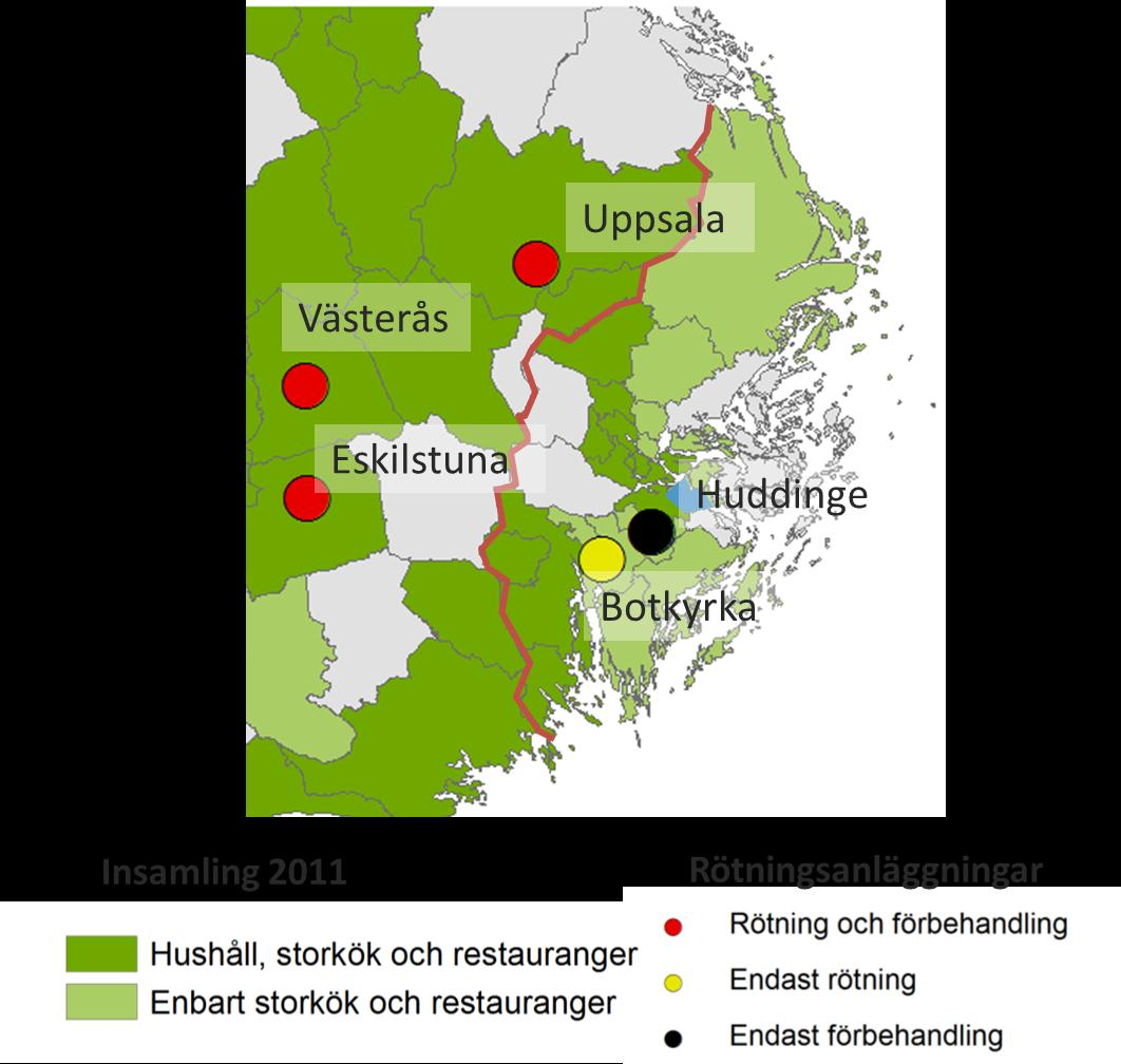 3 Efterfrågan på utsorterat matavfall idag I dag finns i Stockholms län en teknisk kapacitet att förbehandla 50 000 ton matavfall och röta 38 000 ton slurry 1, detta motsvarar ca 12 000 15 000 ton