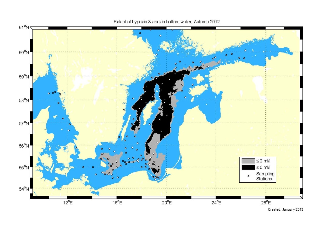 Övergödningen av Östersjön har ökat mycket sedan 1950-talet Utbredningen av syrebrist och syrefria bottnar, Hösten 2012