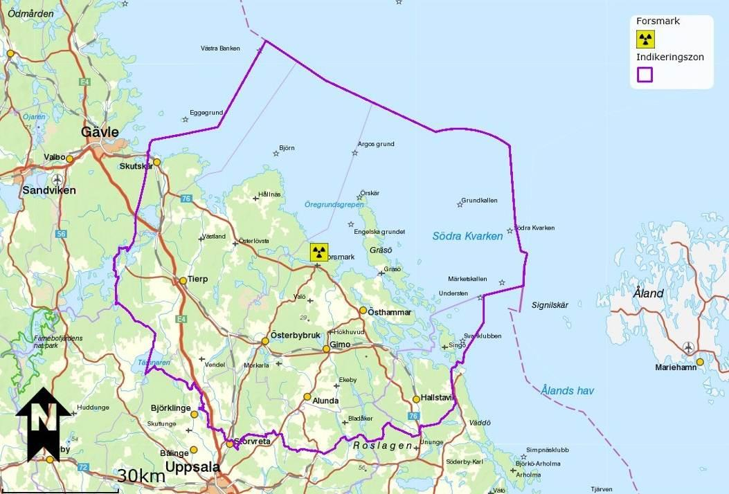 PLAN 26(88) 2.8.2 Indikeringszon Indikeringszonen sträcker sig till ett avstånd av ungefär 50 km från Forsmarks kärnkraftverk.