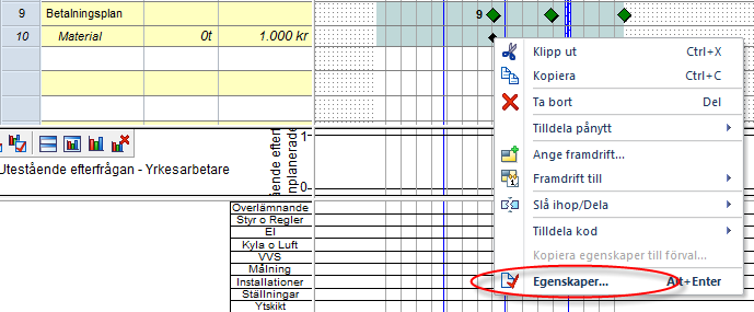 1. Lägg in en/flera milstolpar (Lyft) i gantt-schemat. 2. Skriv in på raden Betalningsplan. 3.