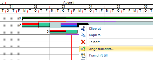 Placera muspekaren över en arbetsuppgift, i gränsen mellan en färdig och en ej färdig del. 5. När muspekaren har utseendet, håll ned vänster musknapp och dra avstämningslinjen åt höger.