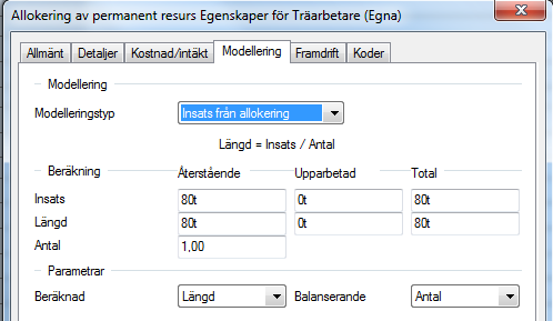 Beräknad parameter Längd: Insats från allokering: Längd = Insats / Antal Vi utgår från arbetsuppgiften Väggar, med en varaktighet på 10 dagar och där en permanent resurs, Träarbetare är inplanerad.