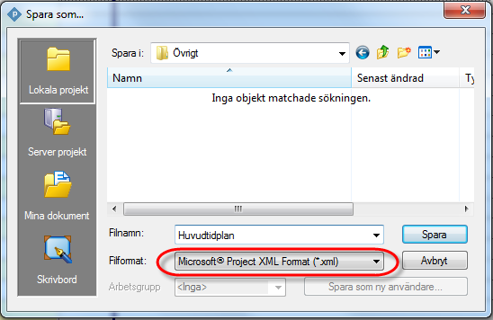 2. Gå via Arkiv och välj Spara som. Dialog Spara som öppnas 3. Ange ett filnamn på projektet. 4. Välj Microsoft Project XML Format (*xml) som filformat. 5. Klicka på Spara. 6.
