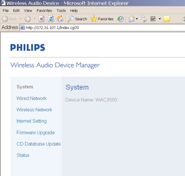 B4 Användning av WADM Om Enhetskonfigureringen I undermenyn för Enhetskonfigureringen kan du se Systeminformation, hantera Nätverksinställningar, uppgradera Firmware, uppdatera CD-databasen och se