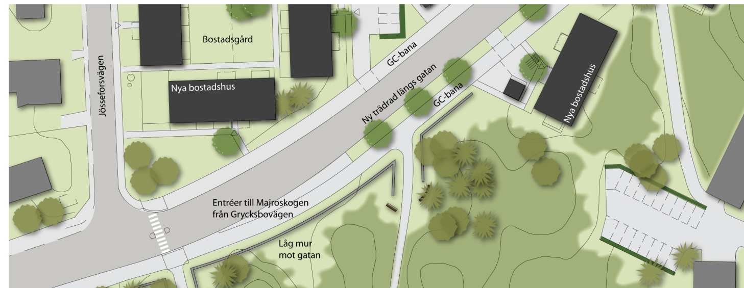 12 (14) Dp 2009-16992-54 Parkentrén till Majroskogen förtydligas i gatumiljön Skolor, förskolor Närmaste låg- och mellanstadieskola är Tallkrogens skola.