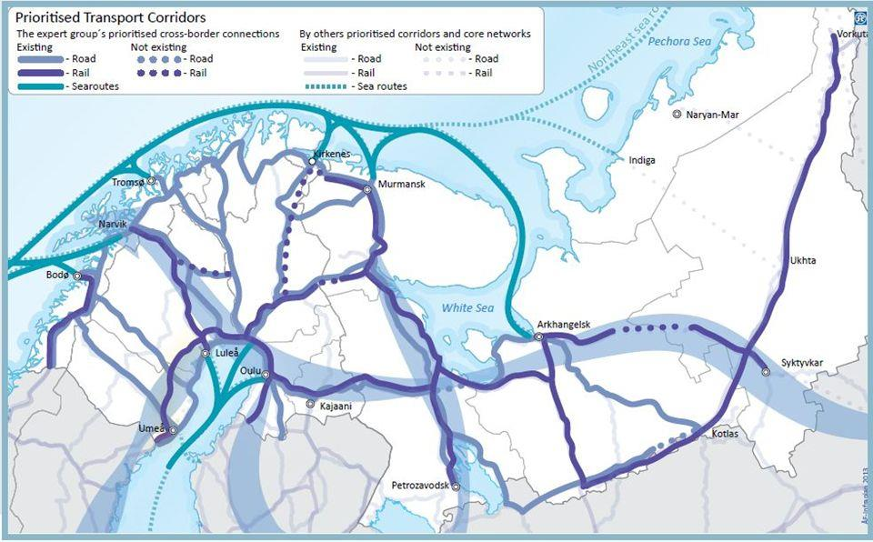 29 Utvecklingen av Nordostpassagen ökar trafiken mellan Asien och programområdet. Figur 3. Prioriterade transportkorridorer.