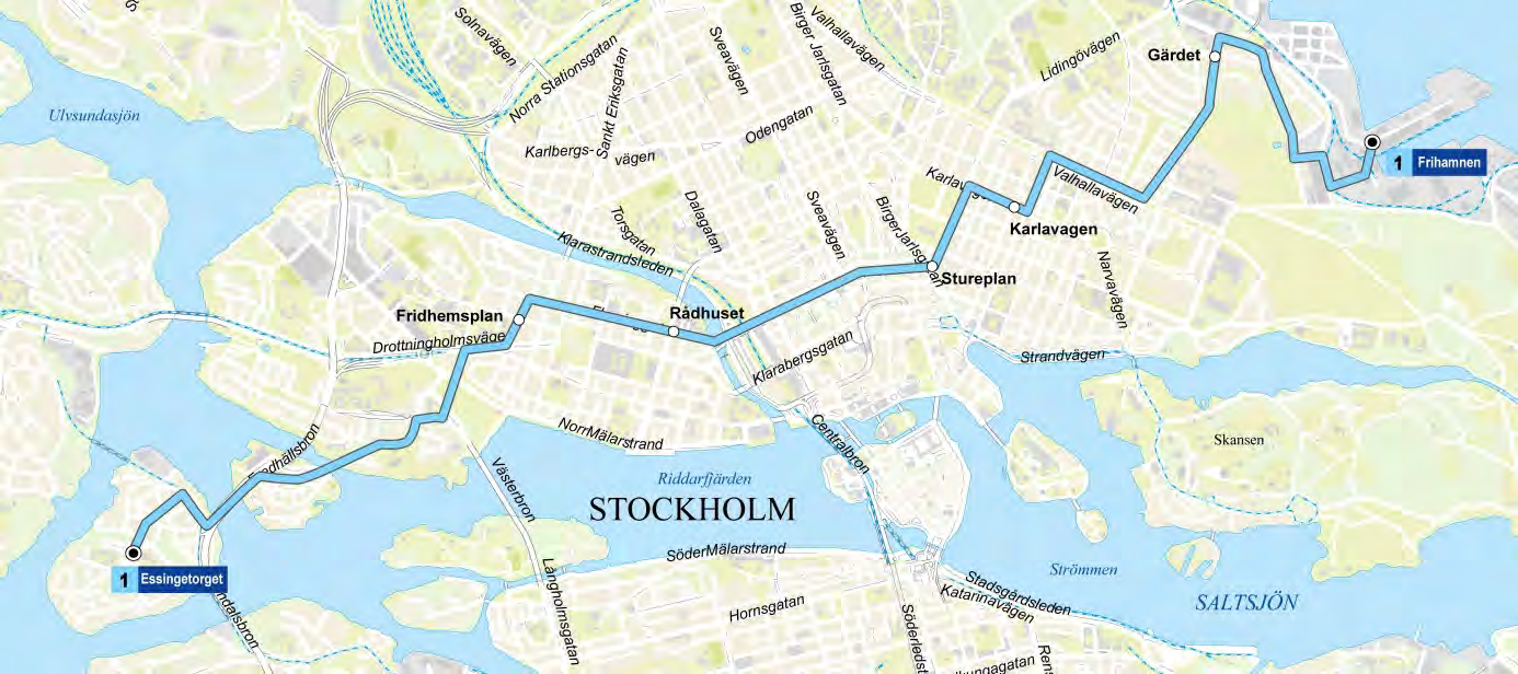 Linje 1: Stora Essingen-Frihamnen Linjesträckning Ingen förändring. Behåller samma sträckning som idag.