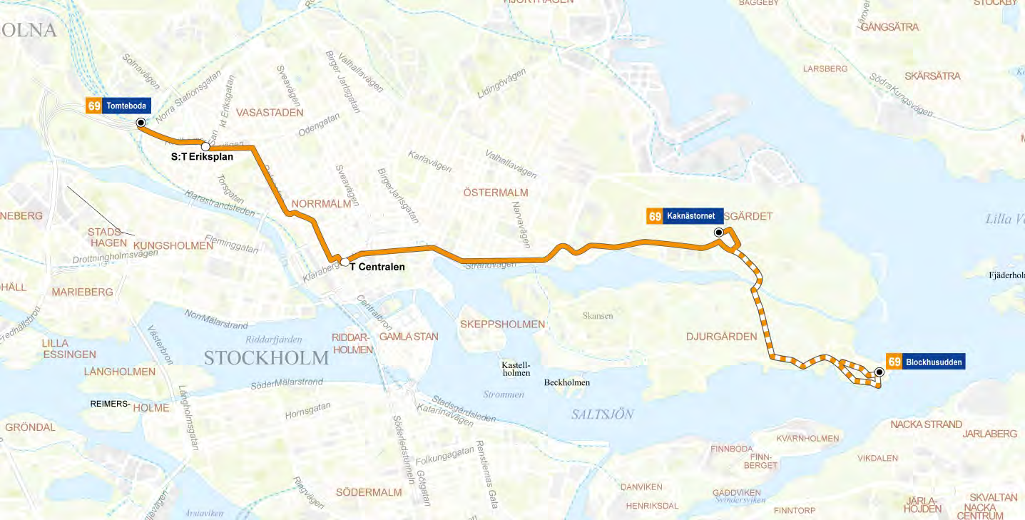 Linje 69/69K: Tomteboda - Blockhusudden/Kaknästornet Linjesträckning Oförändrad. Samma som idag.