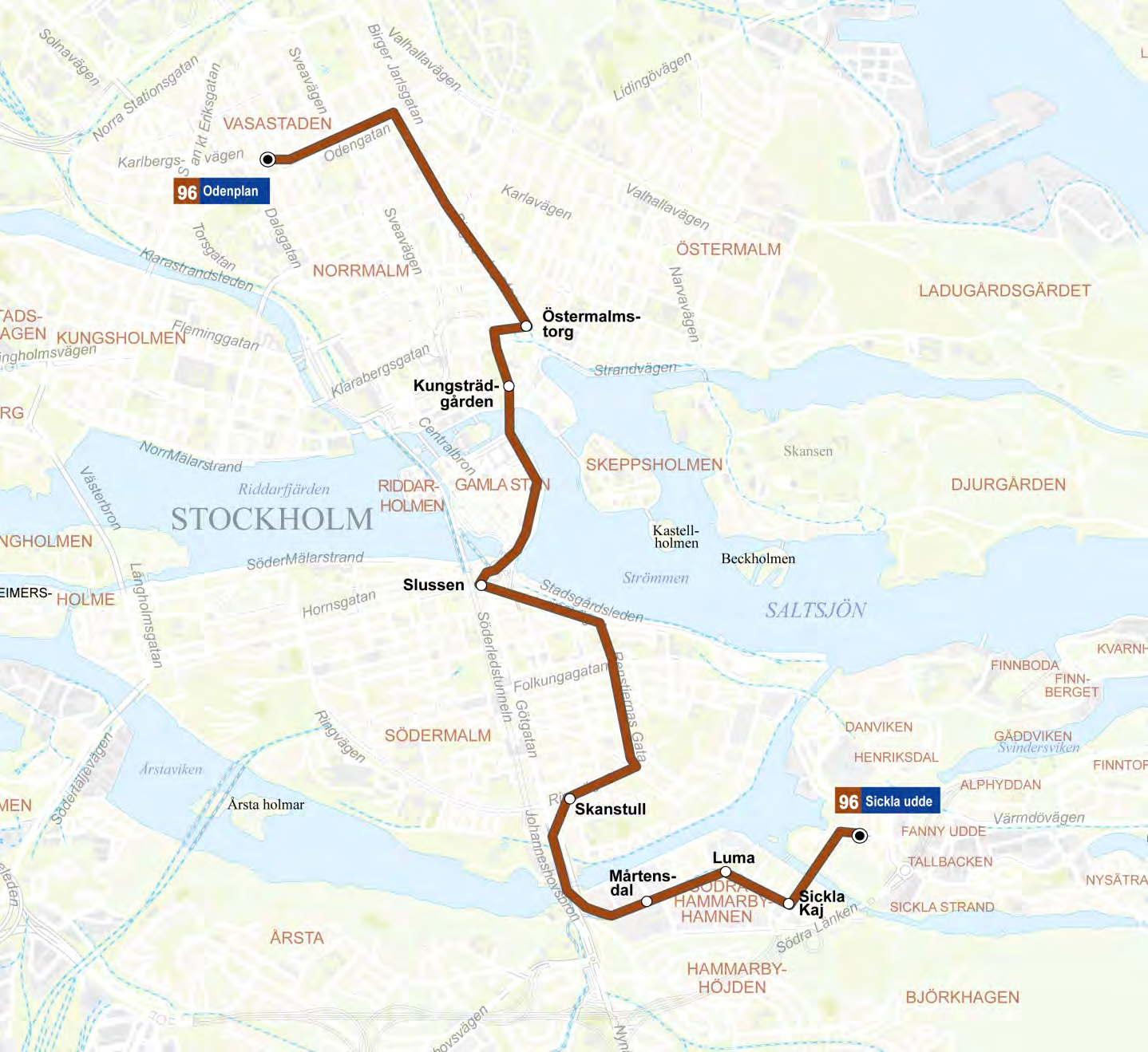 Linje 96: Sickla udde - Odenplan Linjesträckning Linjen ändras något vid östra Södermalm (Sofia) och trafikerar ej längre Sofia och Barnängen.