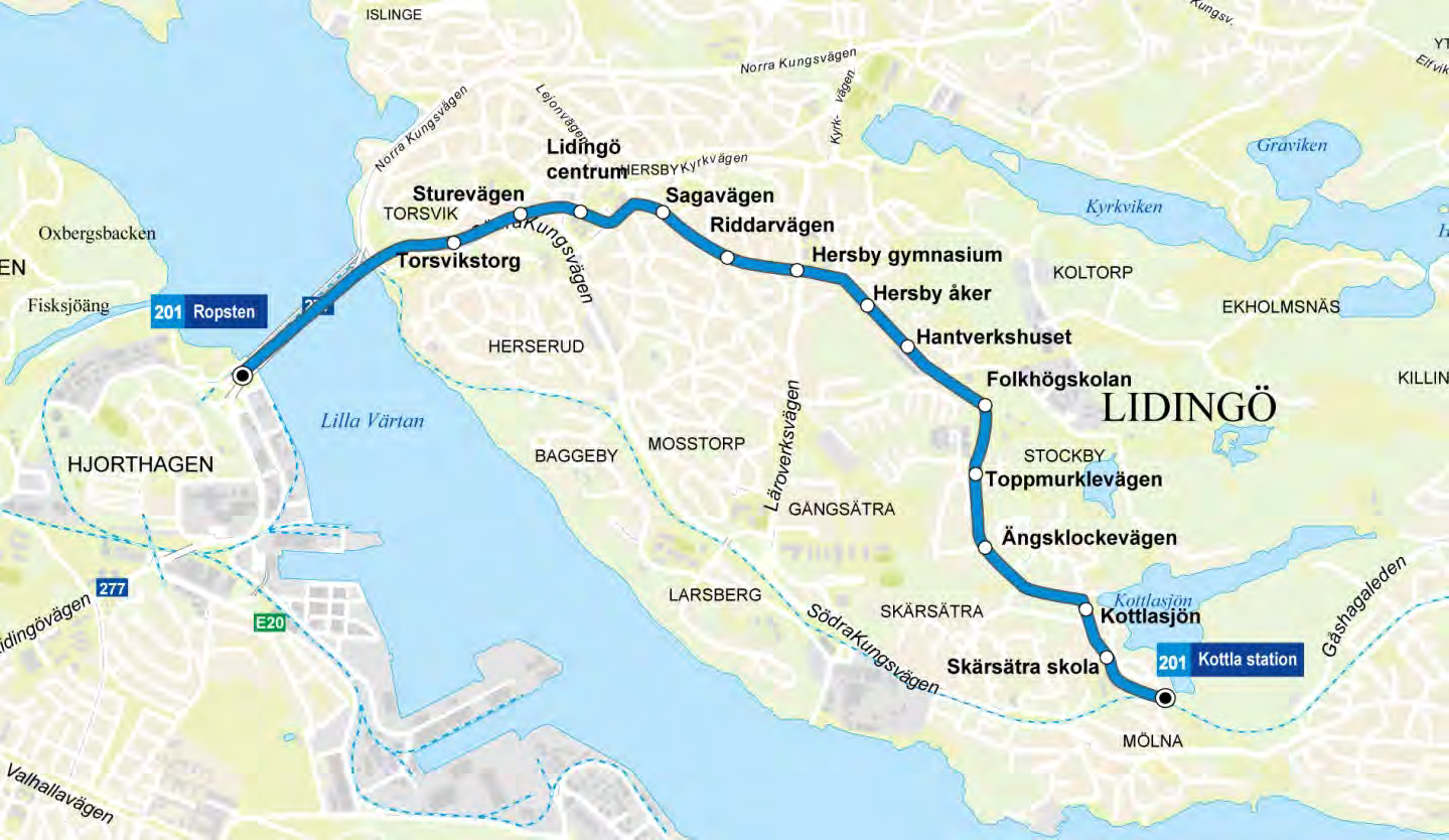 Linje 201: Ropsten-Kottla Linjesträckning Ingen förändring, samma linjesträckning som idag.