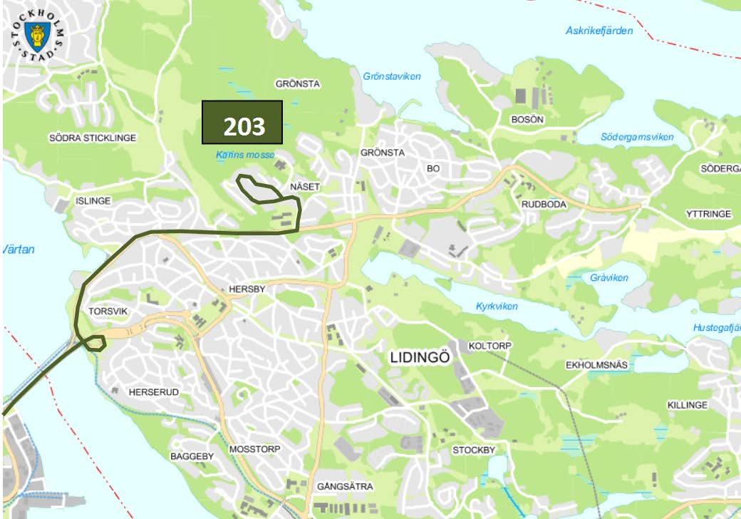 Linje 203: Näset - Ropsten Linjesträckning Samma linjesträckning som idag men trafikerar endast delsträckan Ropsten-Näset. Delsträckan mellan Larsberg och Näset täcks upp av nya linje 207.