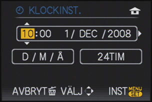 Ställa in datum/tid (Klockinställning) Klockan är inte inställd när kameran levereras. 1 Sätt på kameran. A [MENU/SET]-knapp B Markörknappar OFF ON 2 3 Tryck på [MENU/SET].