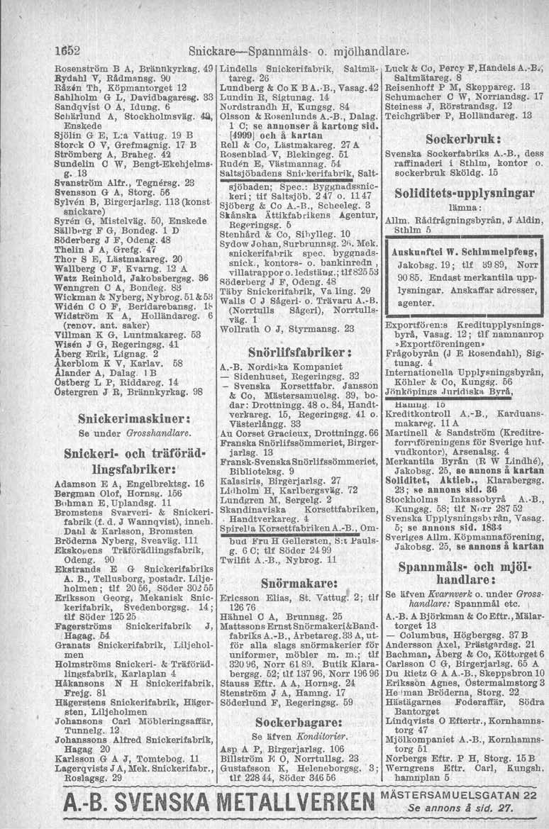 . Hi52 Rosenström B A, Brännk:l'rkag. 49 Rydahl V, Rådmansg. 90 Råzln Th, Köpmantorget 12 Bahlholm G L, Davidbagaresg. 33 Sandqvist O A, Idung. 6 Schärlund A, Stockholmsväg. 4ll, Enskede.