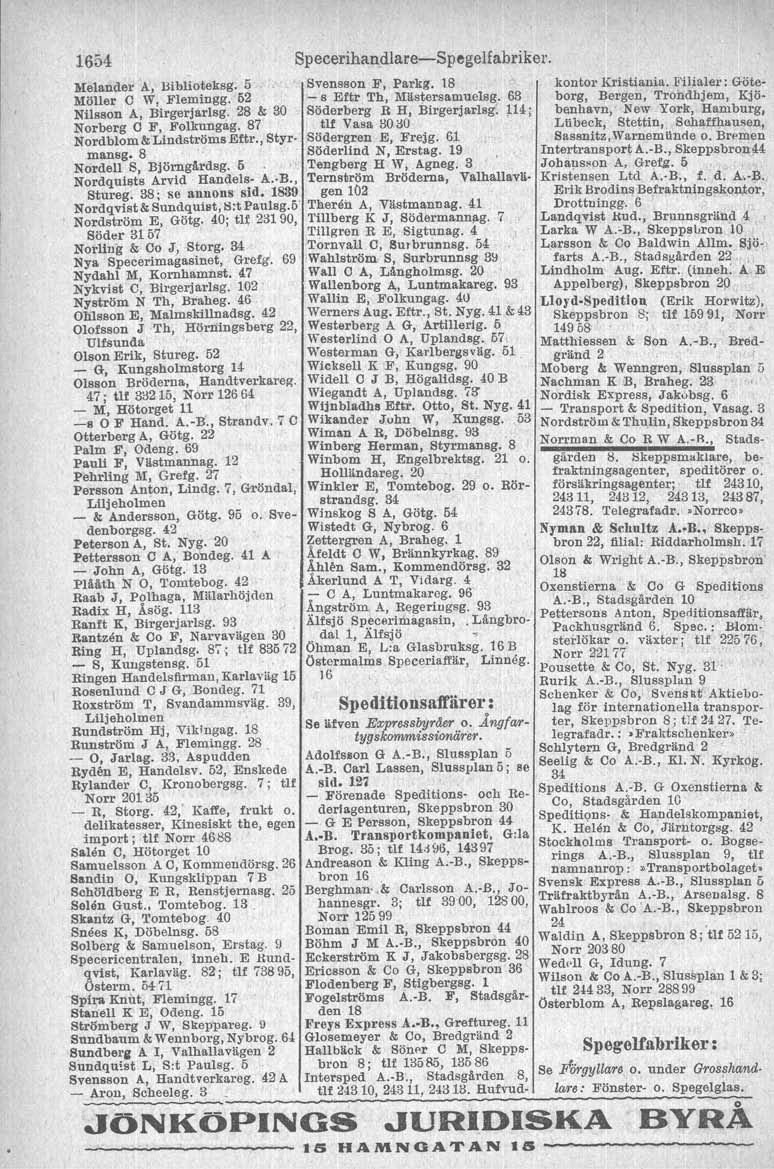 1654 Specerihandlare-Spegelfabriker.!'lIeiandel' A, Biblioteksg. 5 Svensson F, Parkg, 18 Möller C W, Flemingg. 52 ~ s Ettr Th, Mllstersamuelsg. 63 Nilsson A, Birgerjarlsg.