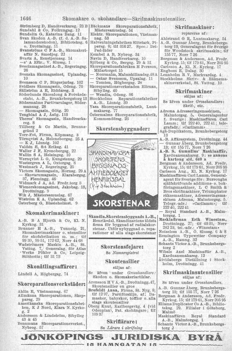 1646 Skomakare o. skohandlare-skrifmaskinsutensilier. Strömberg D, Handtverkareg, 23 B Bäckmans Skoreparationsrabrfk, Skrffmaskiuer ; Sundahi & Co, Folkungag. 12 Mästersamuelsg.
